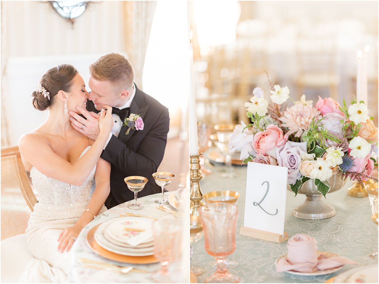 bride and groom kiss at table with pink and white flower centerpieces 