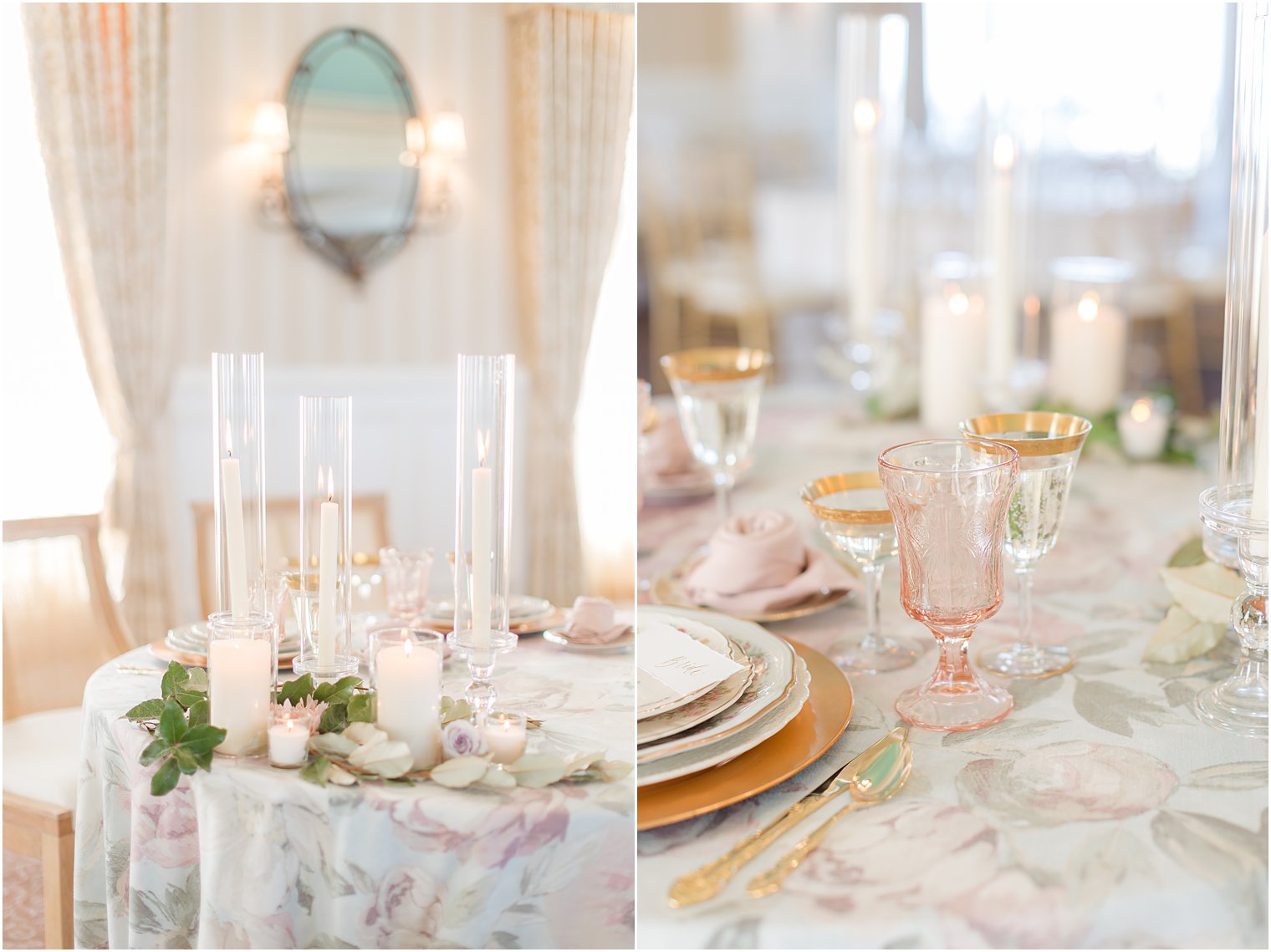 wedding reception with vintage glassware and china at Mallard Island Yacht Club
