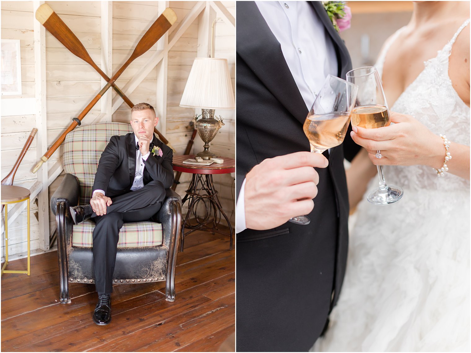 groom sits in suite at Mallard Island Yacht Club in black suit