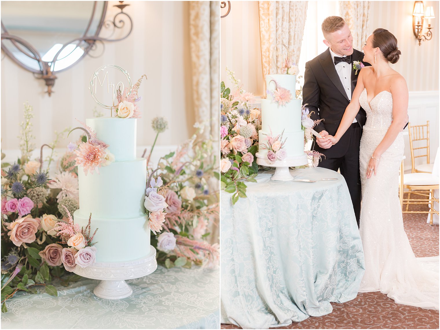 newlyweds cut tiered wedding cake sitting on blue table cloth at Mallard Island Yacht Club