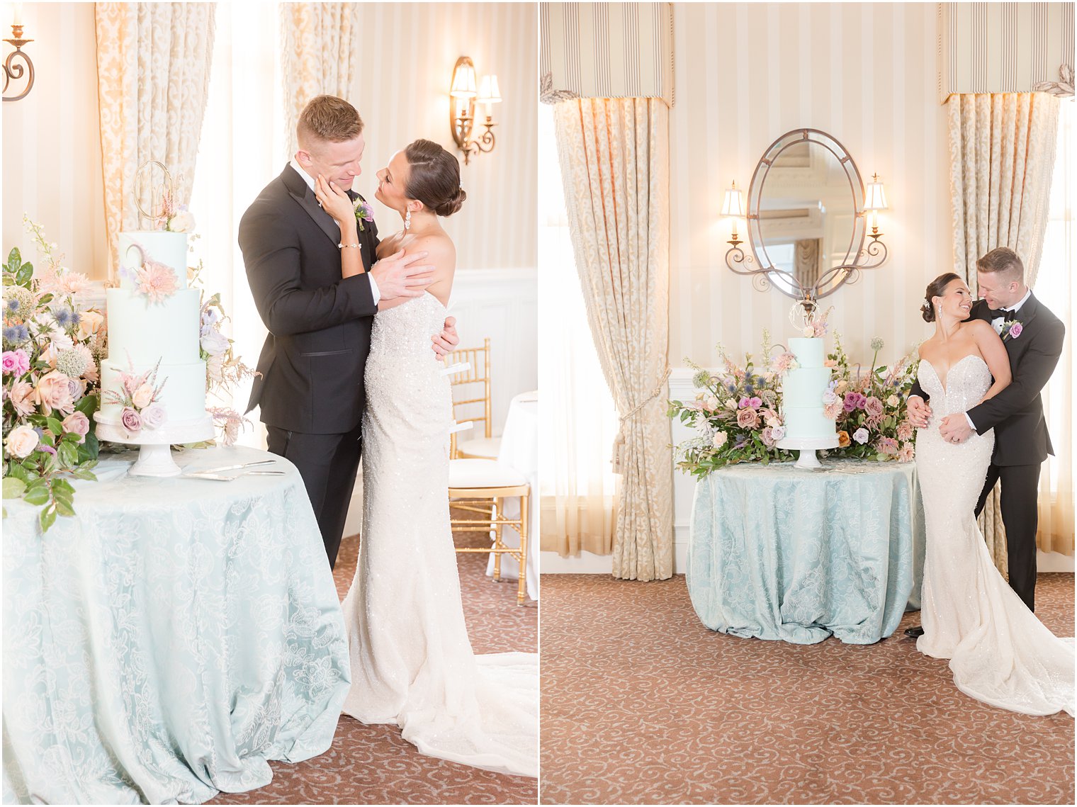 newlyweds cut tiered wedding cake sitting on blue table cloth at Mallard Island Yacht Club