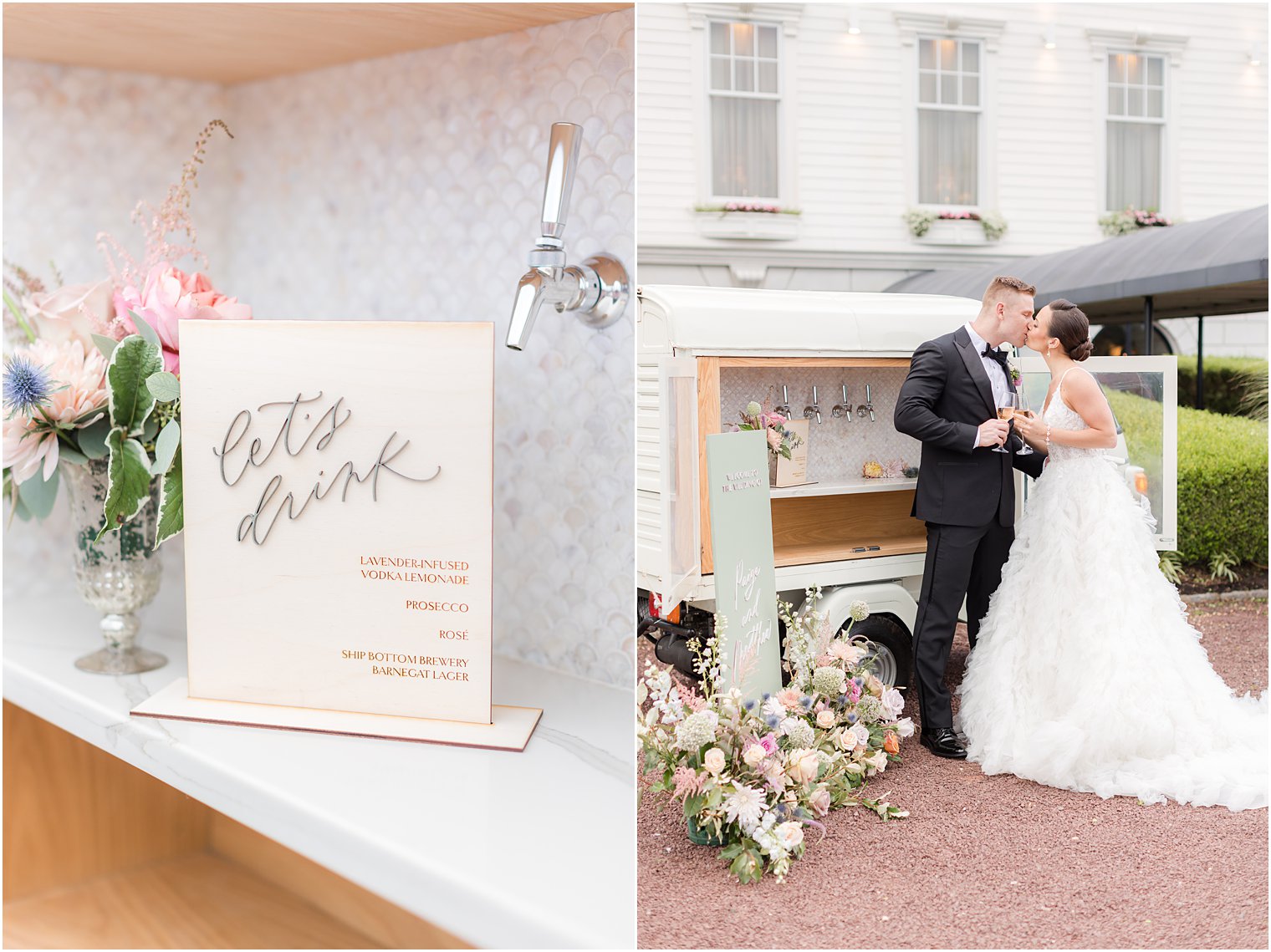 bride and groom hug by mobile bar outside Mallard Island Yacht Club