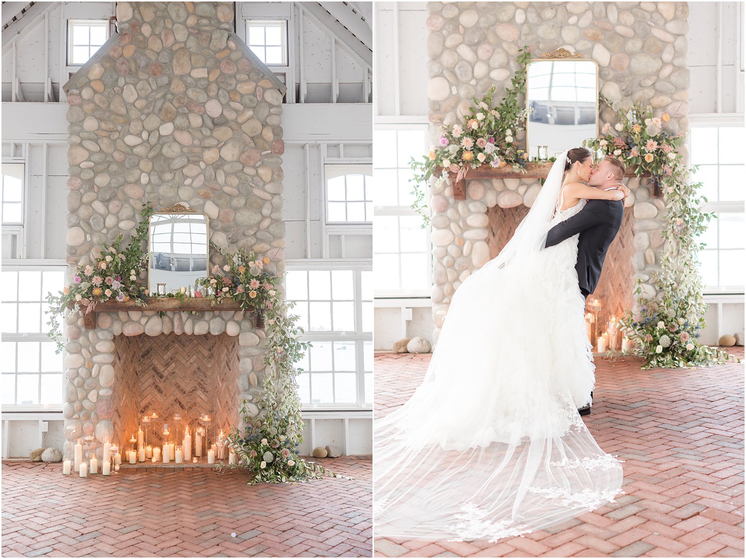 groom lifts bride by brick chimney at Mallard Island Yacht Club