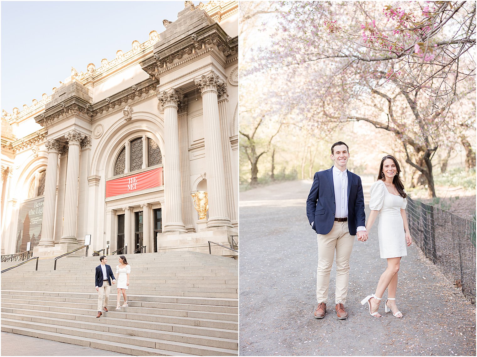 engaged couple holds hands standing on the steps of the MET Museum