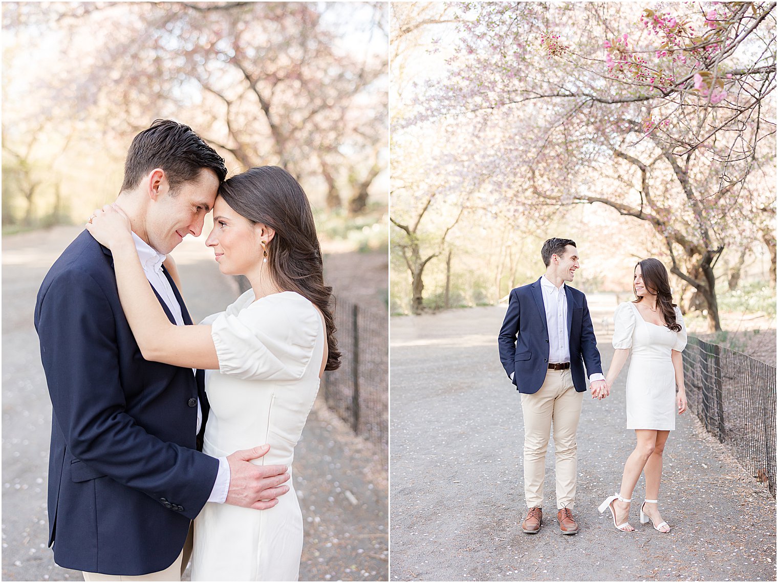 bride in white dress leans head into groom's during New York City engagement session