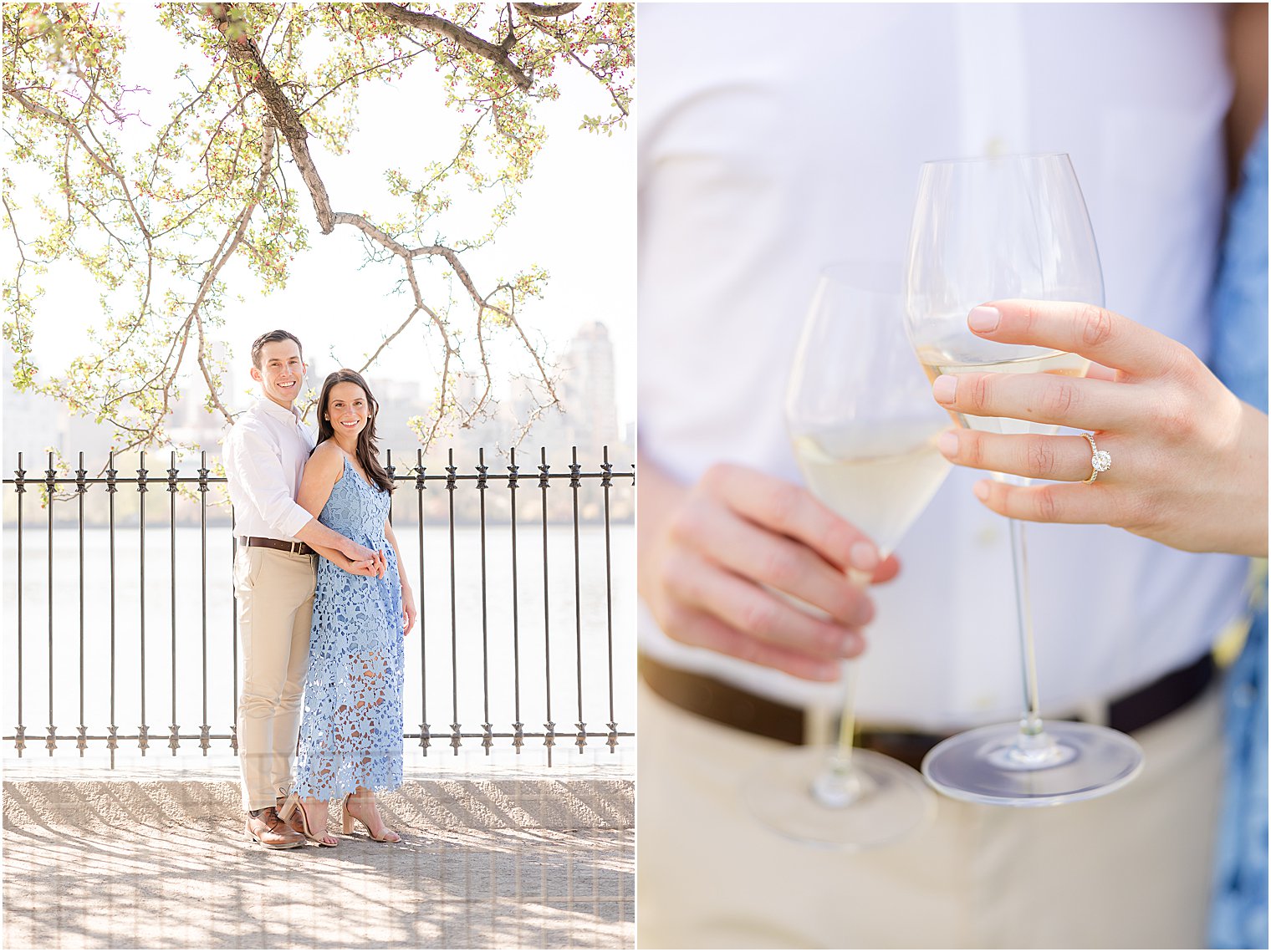 couple holds glass of champagne by waterfront in NYC