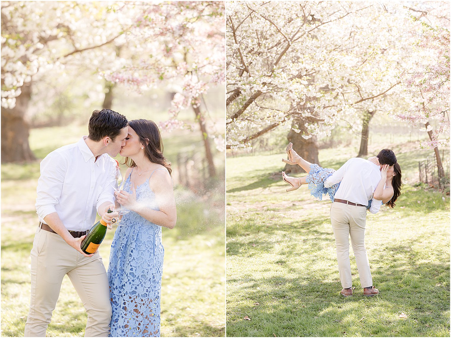 engaged couple kisses under cherry blossoms in Central Park