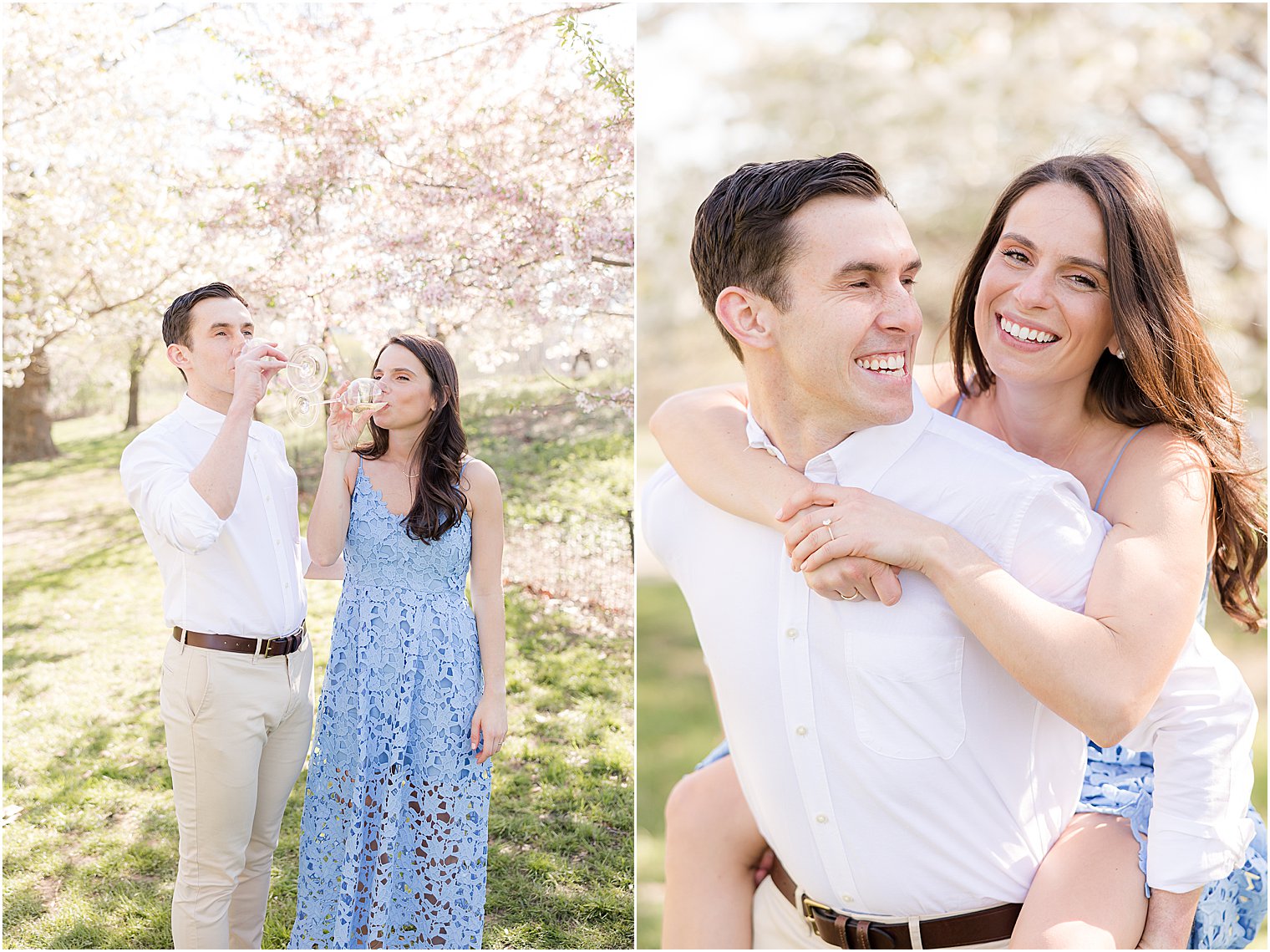 man carries fiancee on his back during New York City engagement session in central park 