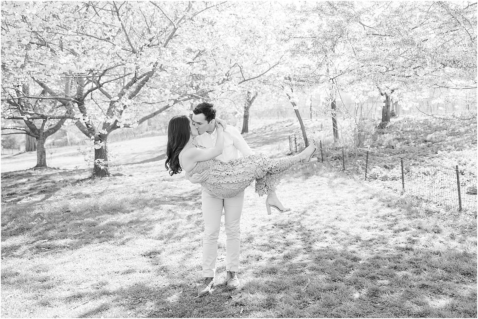 groom lifts bride kissing her among trees in Central Park