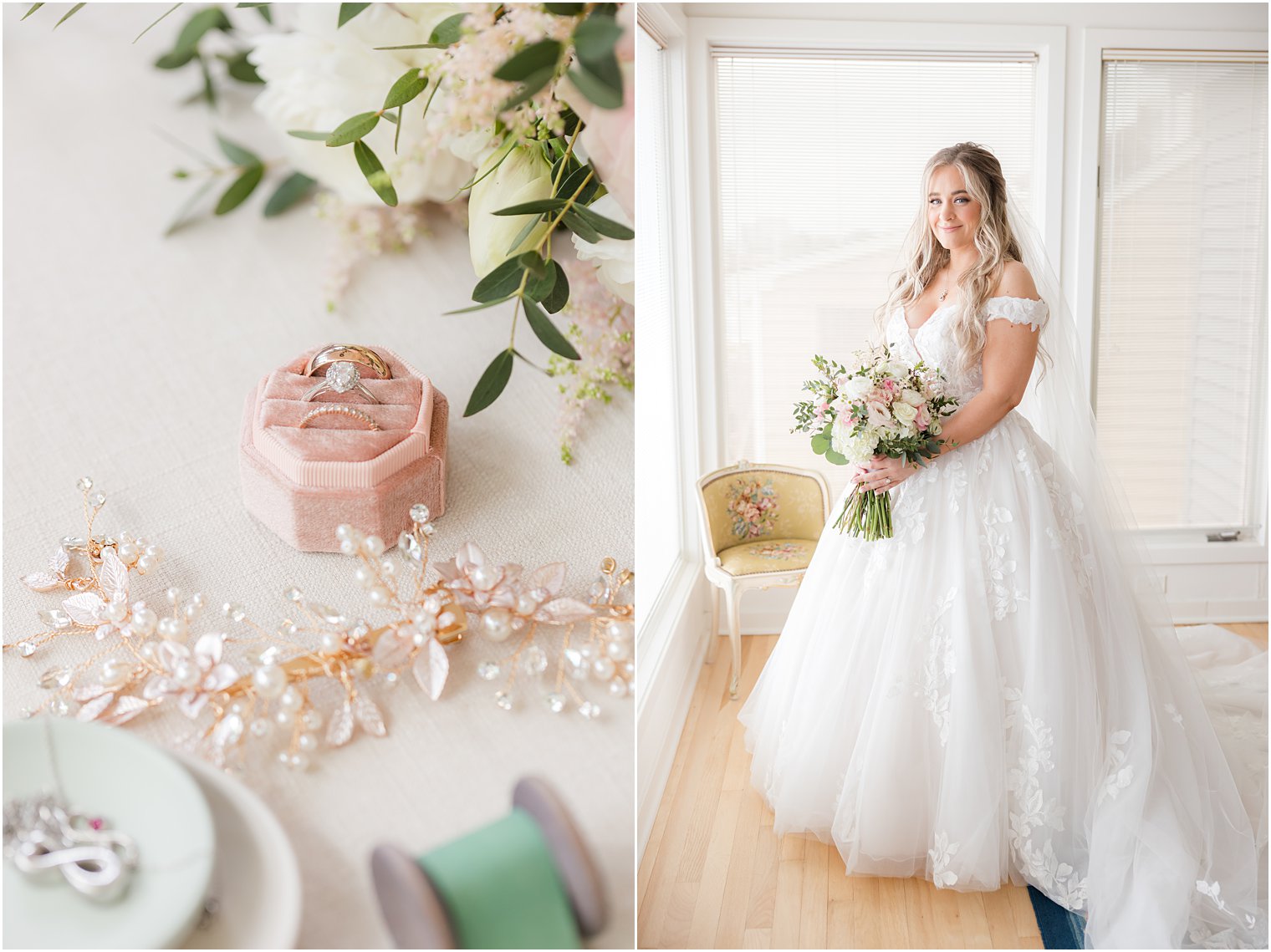 bride holds bouquet of pink and white flowers in Point Pleasant NJ airbnb 