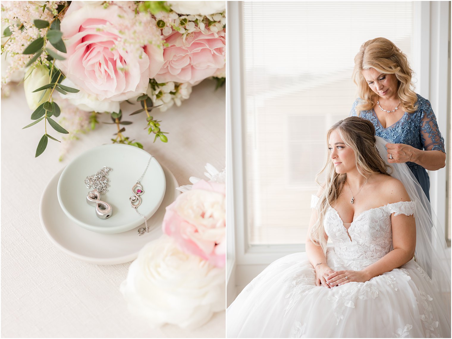 mother helps bride with veil in Point Pleasant NJ airbnb before wedding