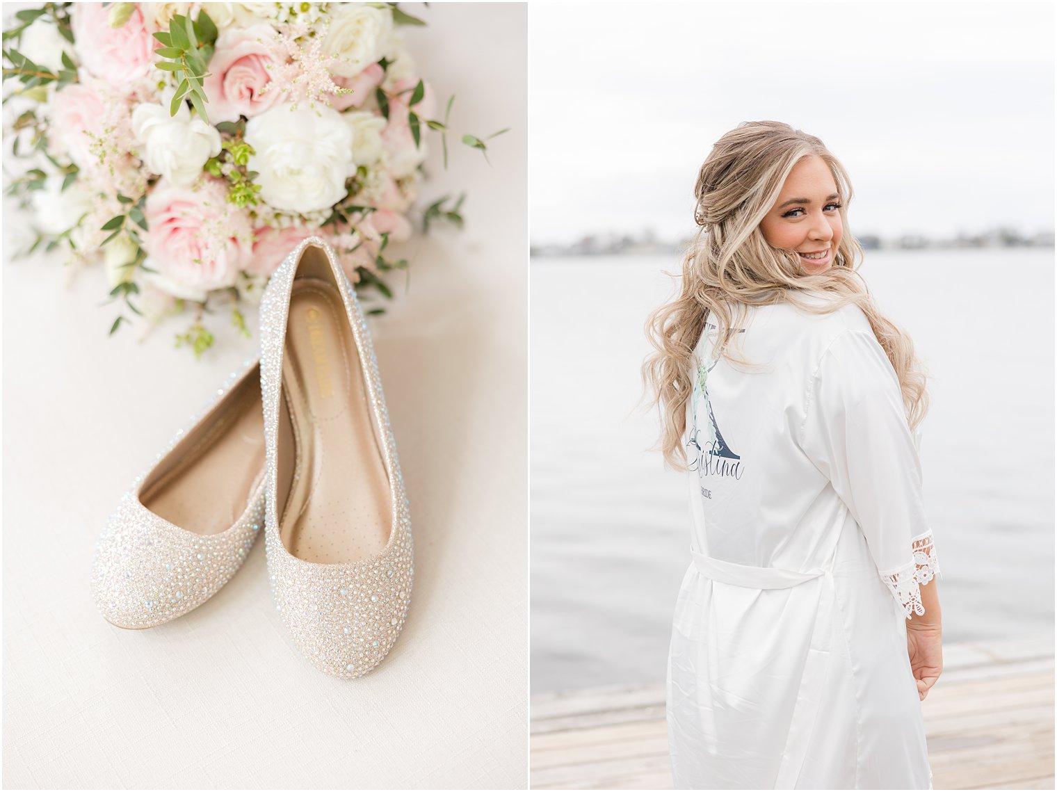 bride smiles over shoulder in custom robe on dock outside Point Pleasant NJ airbnb