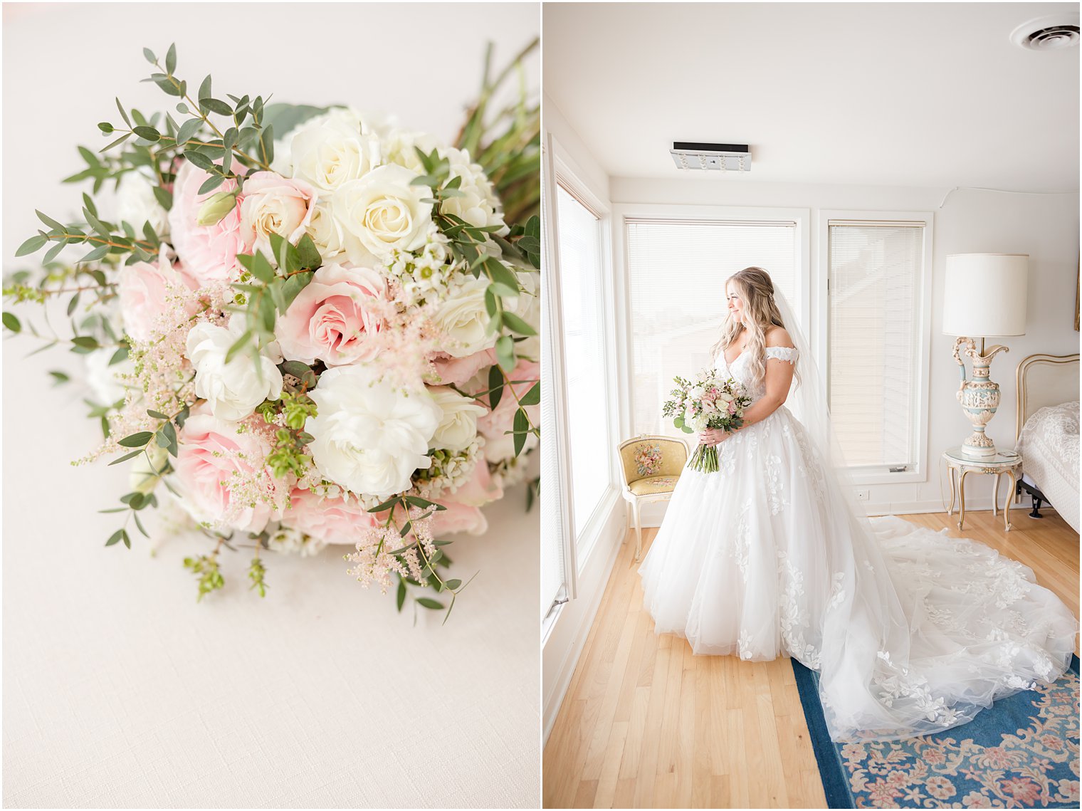 bride stands in window of Point Pleasant NJ airbnb holding bouquet of roses