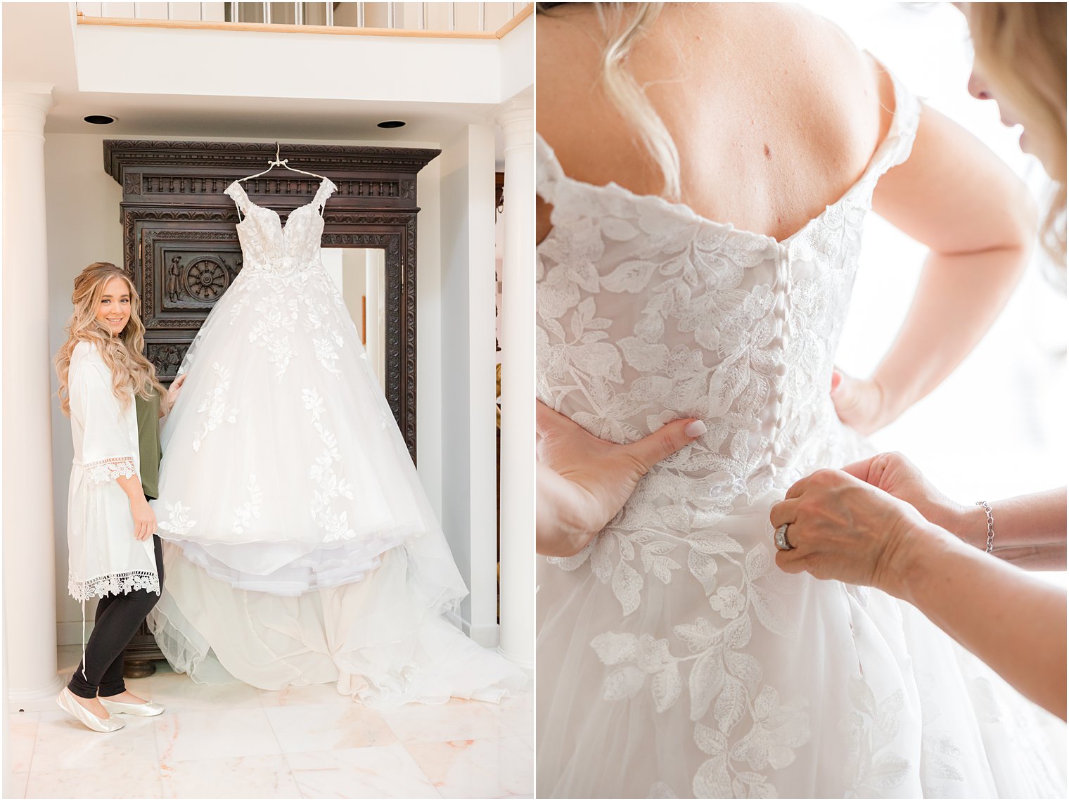 mother helps bride button up wedding dress