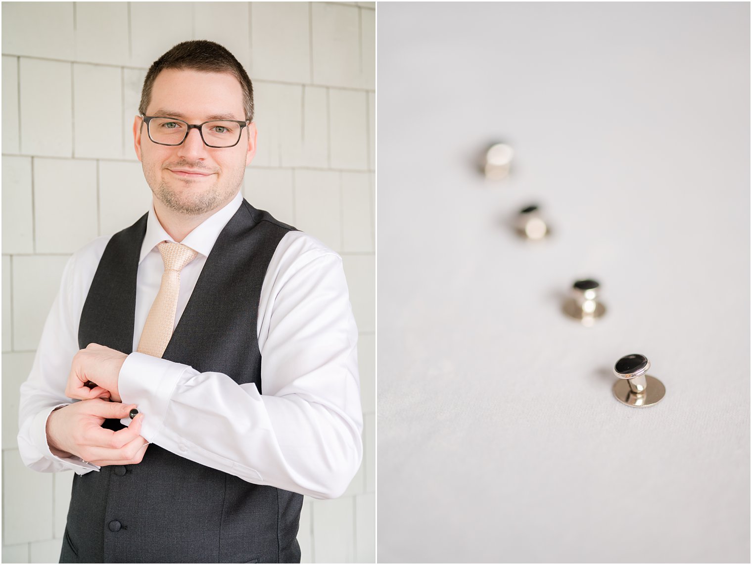 groom adjusts cufflinks on white shirt 