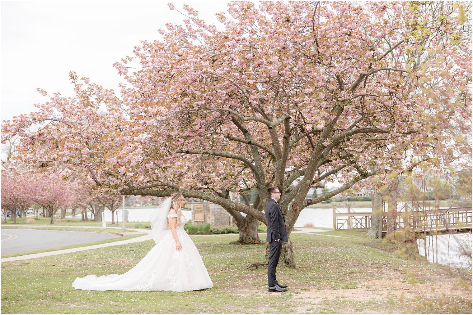 bride walks by cherry blossom tree to groom for first look