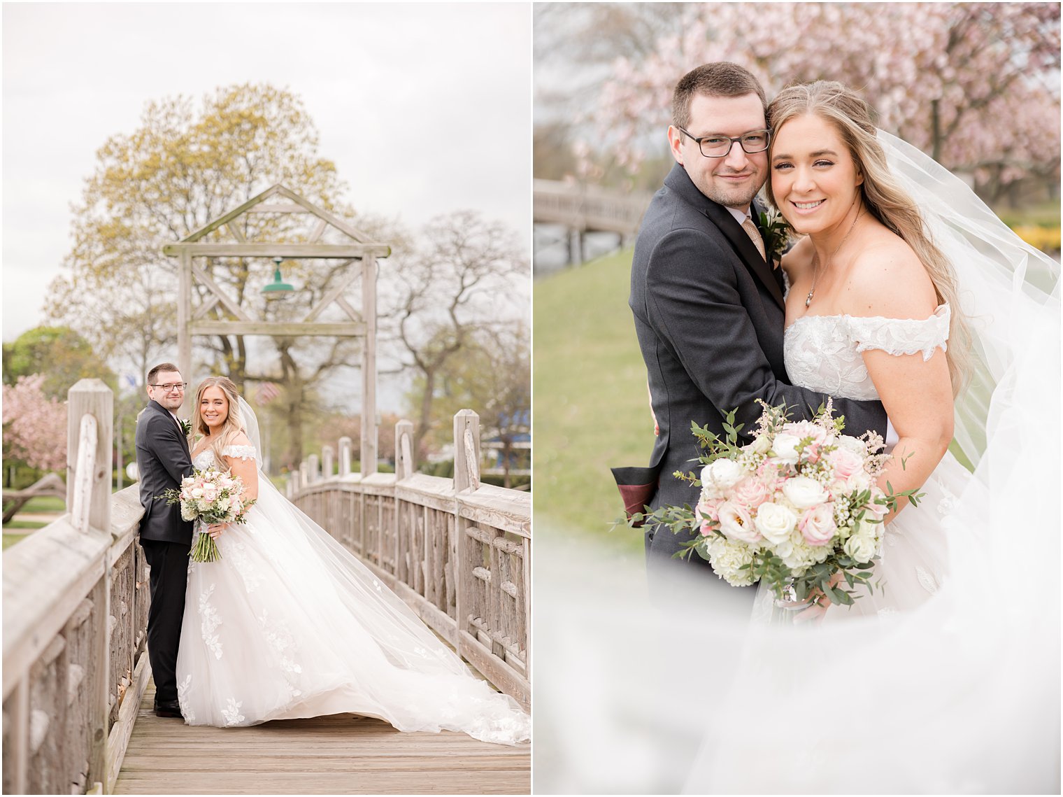husband and wife hug together on wooden bridge inside Divine Park in Spring Lake NJ