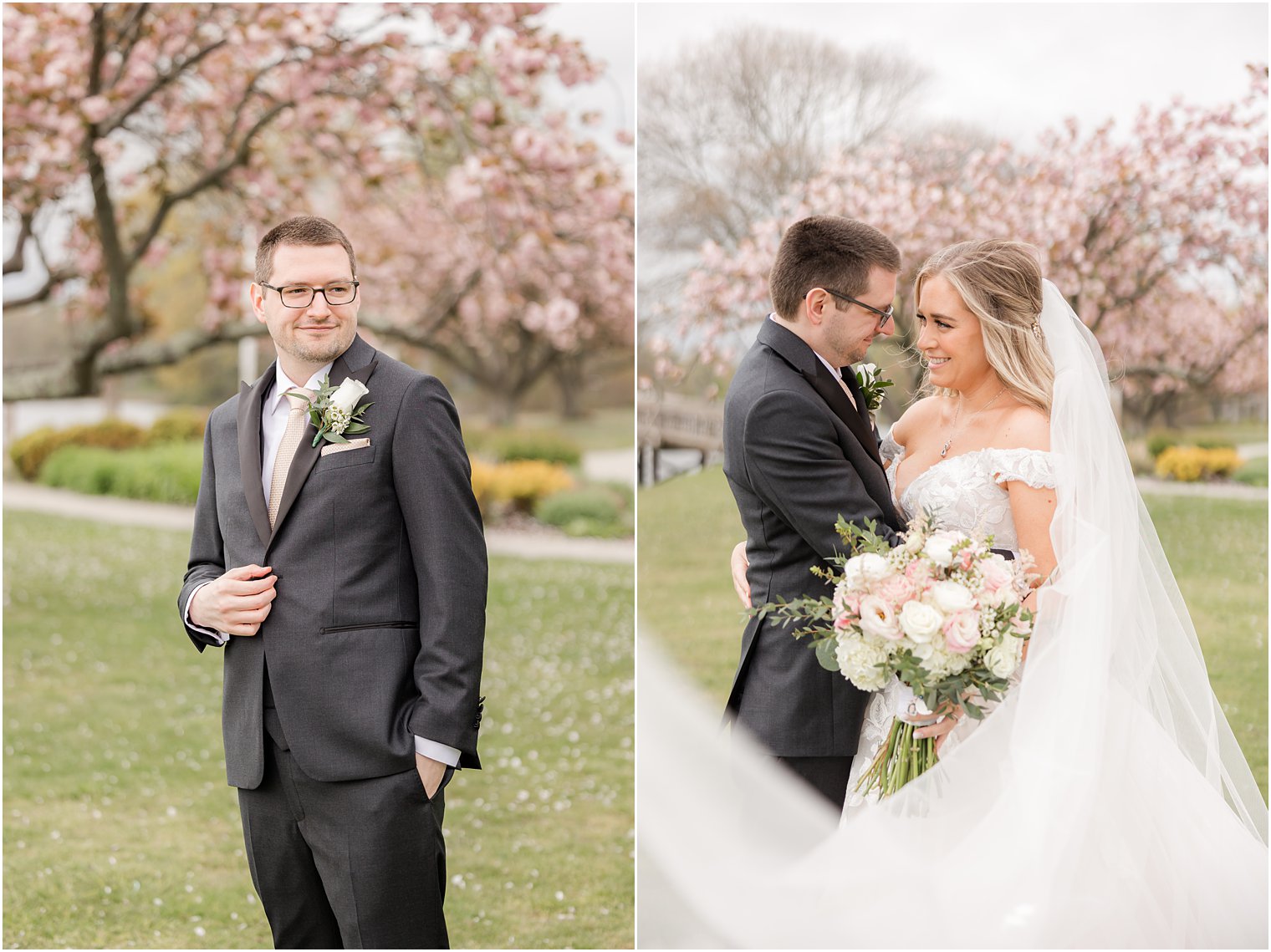 bride and groom hug in Divine Park in Spring Lake NJ