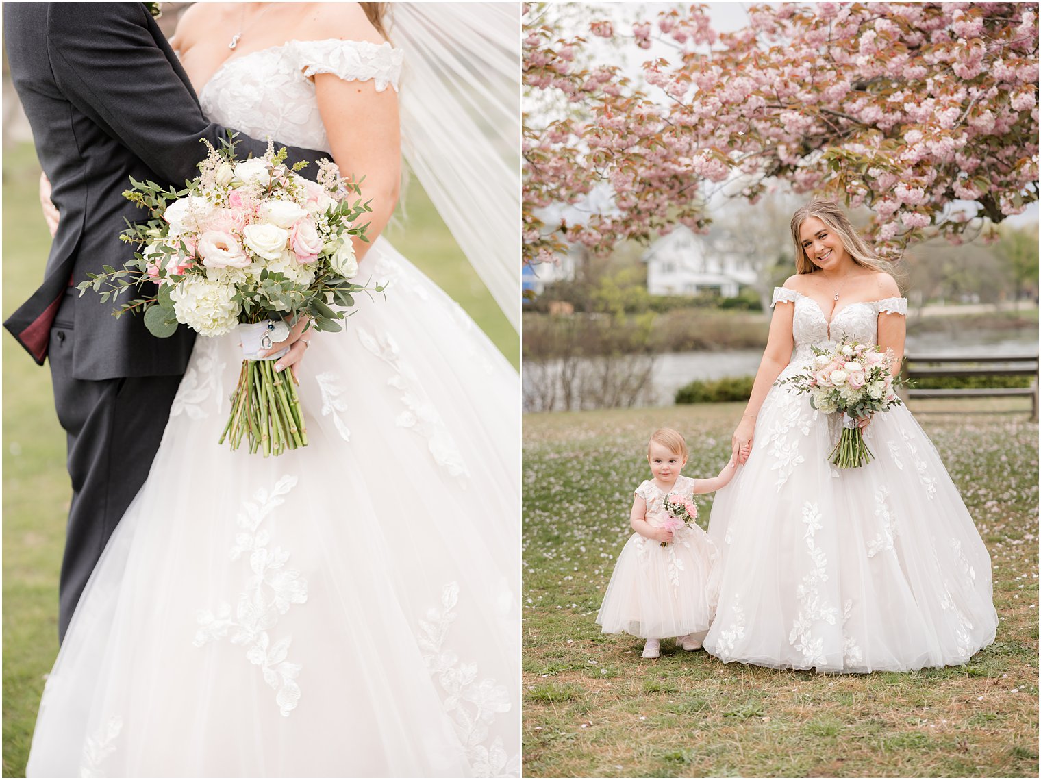 bride holds flower girl's hand standing under cherry blossom tree