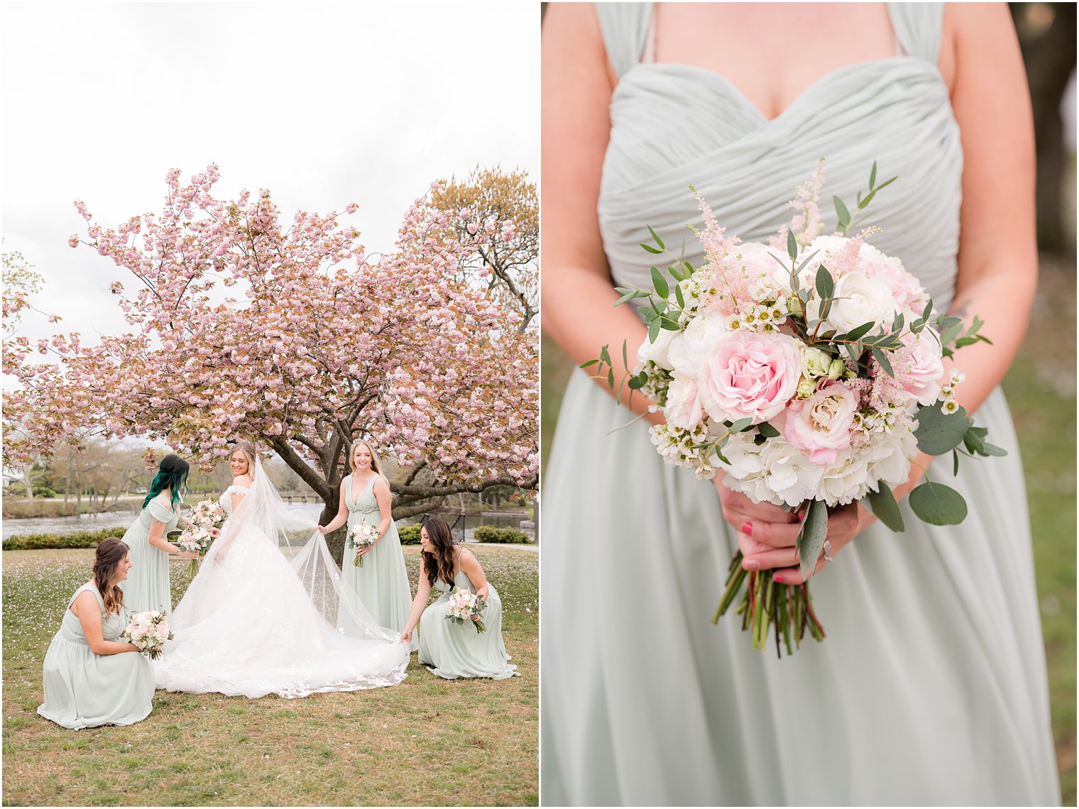 bridesmaid in mint green gown holds bouquet of pink and white flowers 