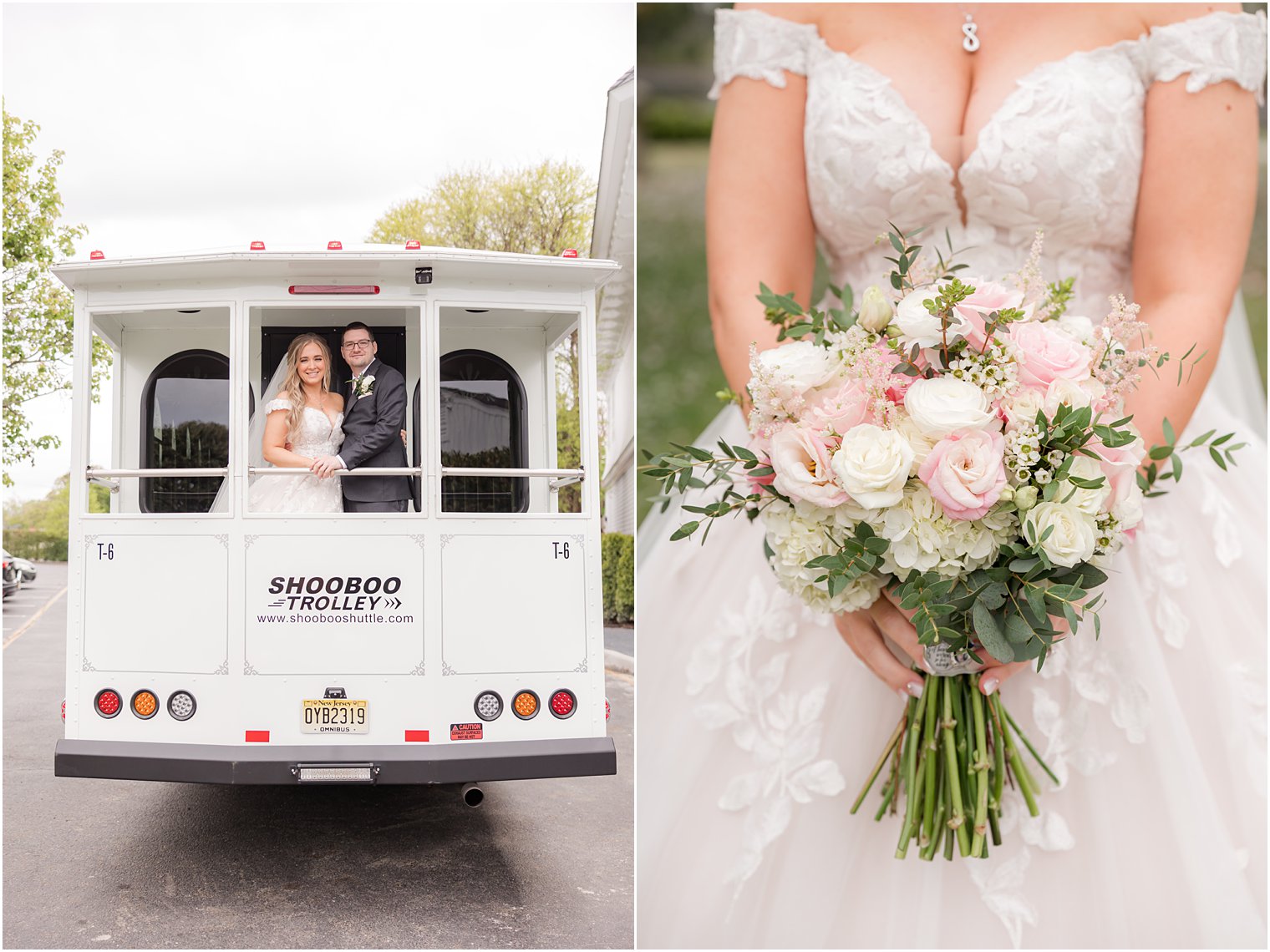 bride holds bouquet of pink and white flowers while couple stand on back of shuttle 