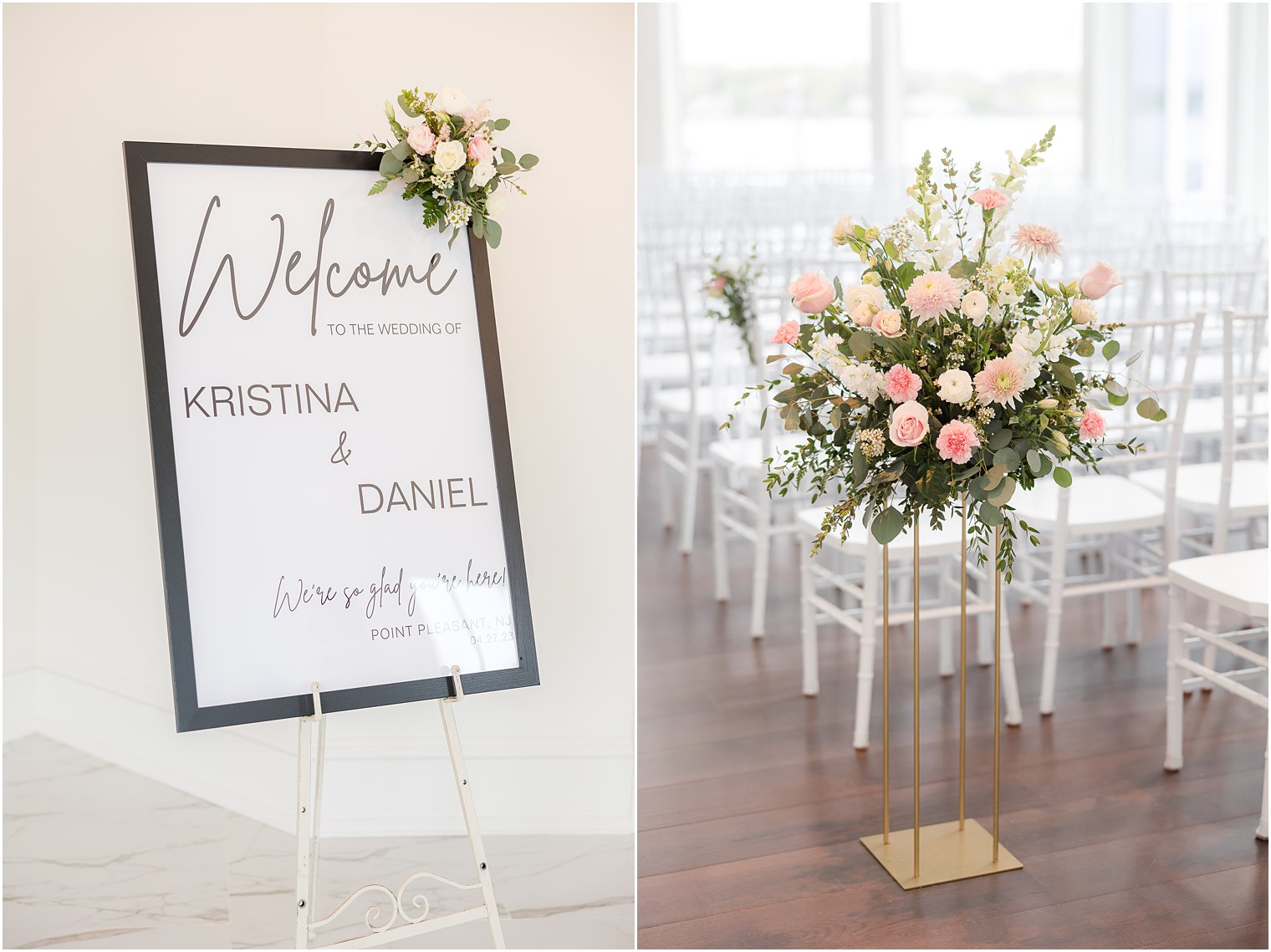 welcome sign and pink and white floral display for ceremony at Clark's Landing Yacht Club