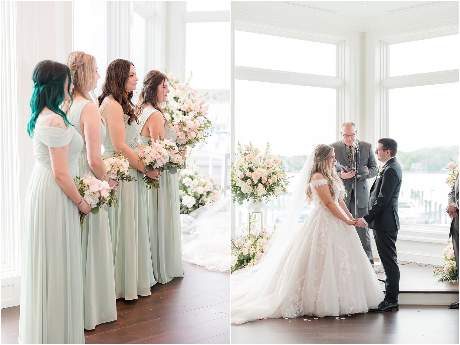 bride and groom hold hands while bridesmaids watch 