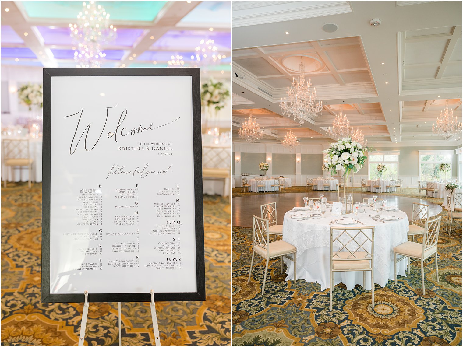 Clark's Landing Yacht Club wedding reception details with tall white flower centerpieces 