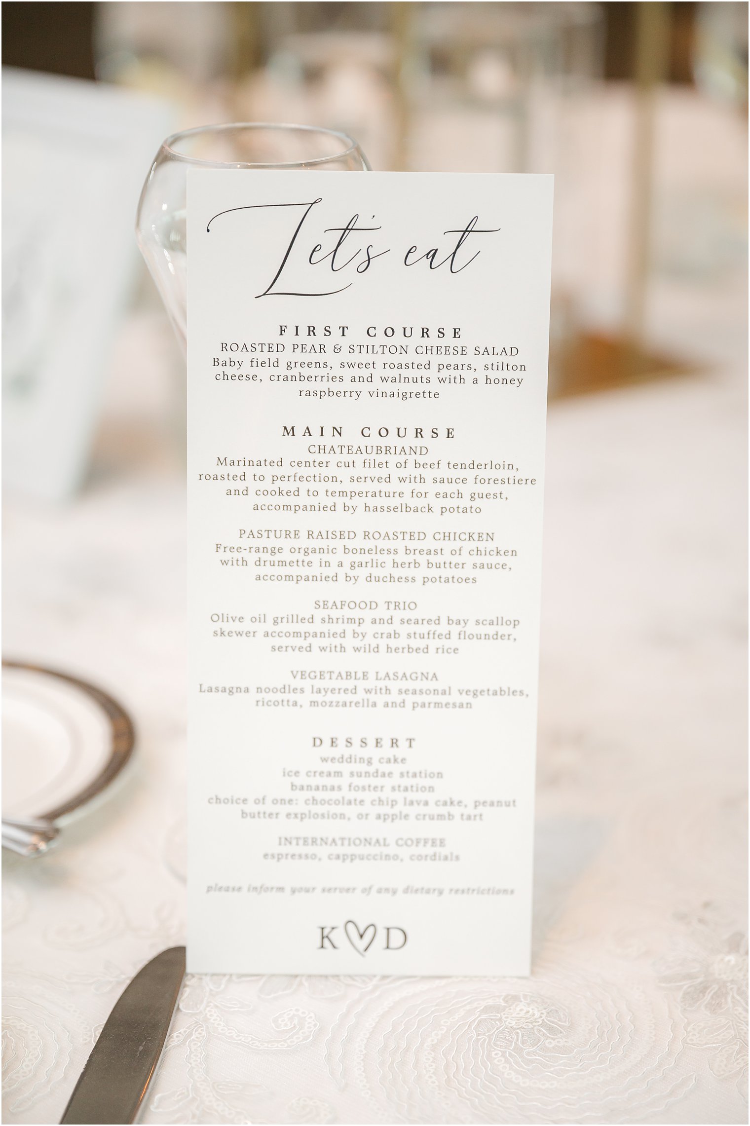 menu card for NJ wedding reception