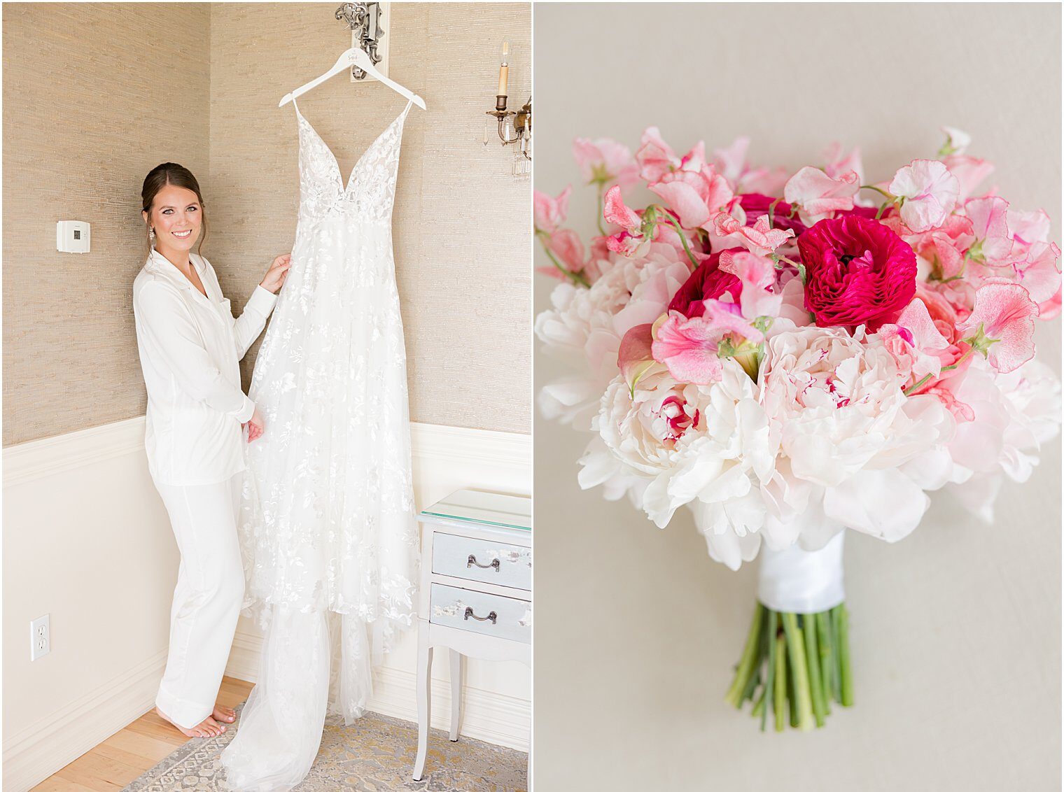 Bride with her dress and bouquet at Bonnet Island Estate