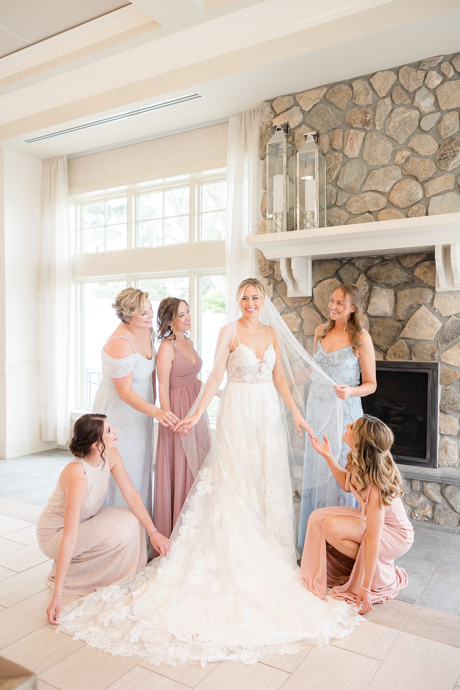 Bridesmaids admiring the bride's beauty at Indian Trail Club