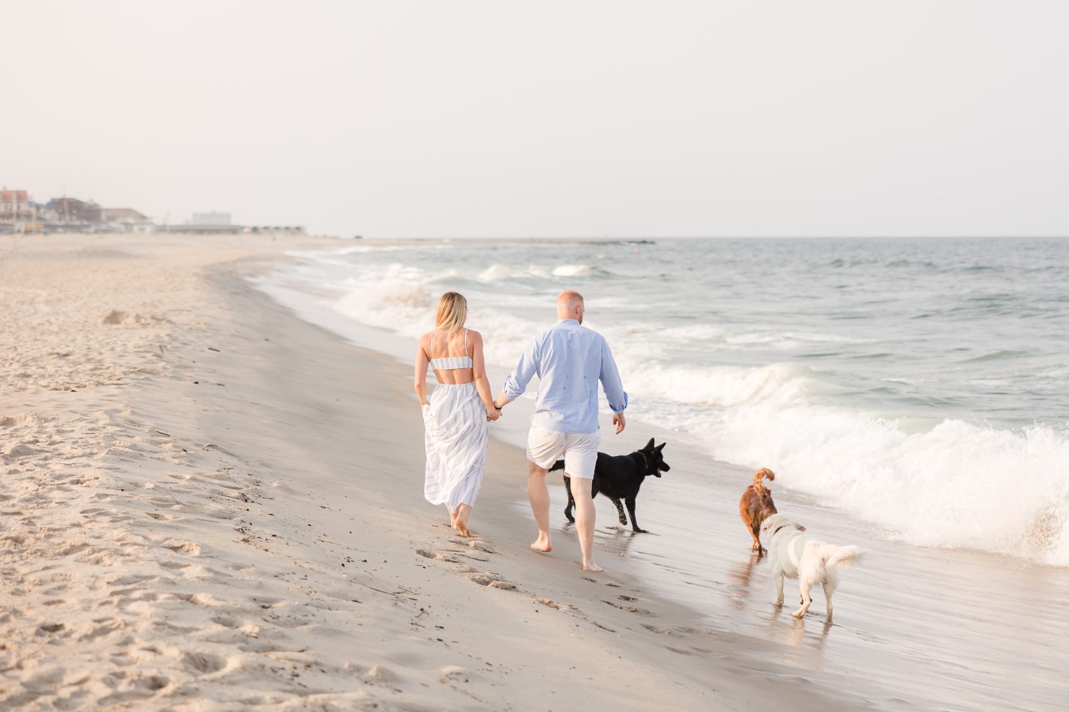 future Mr and Mrs walking in the beach with their dogs 