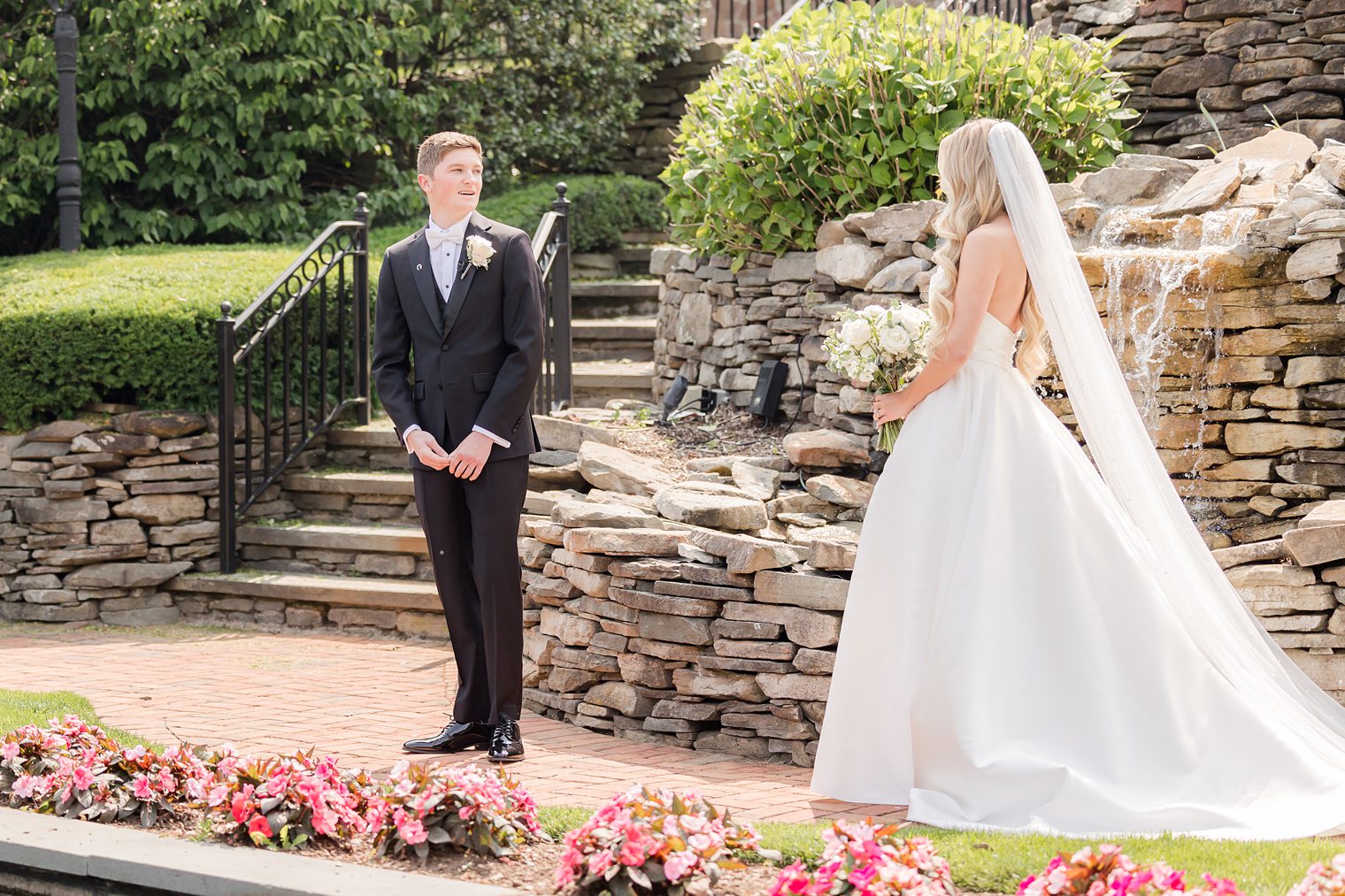 Groom and bride sharing their first look