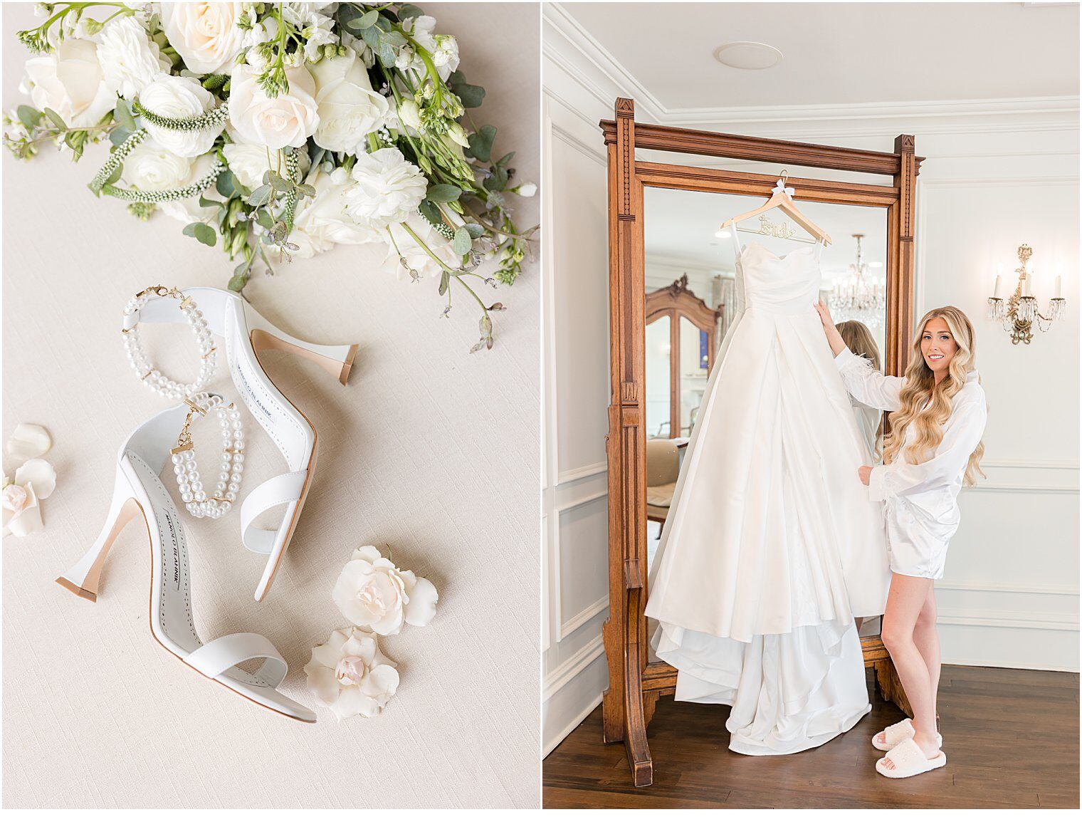 Bride with her beautiful wedding dress and details of her wedding shoes