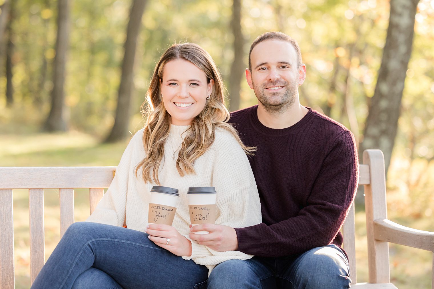 Fiancé and bride enjoy a coffee during their engagement session 