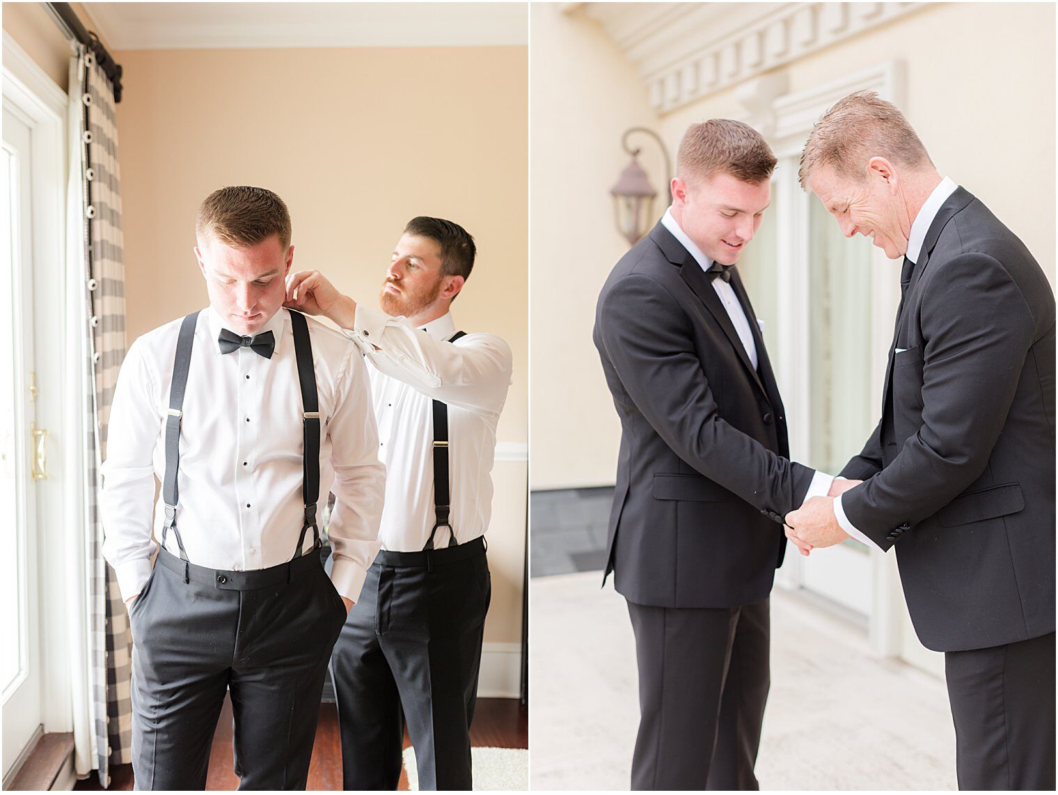 Best man and father of the groom helping him to get ready
