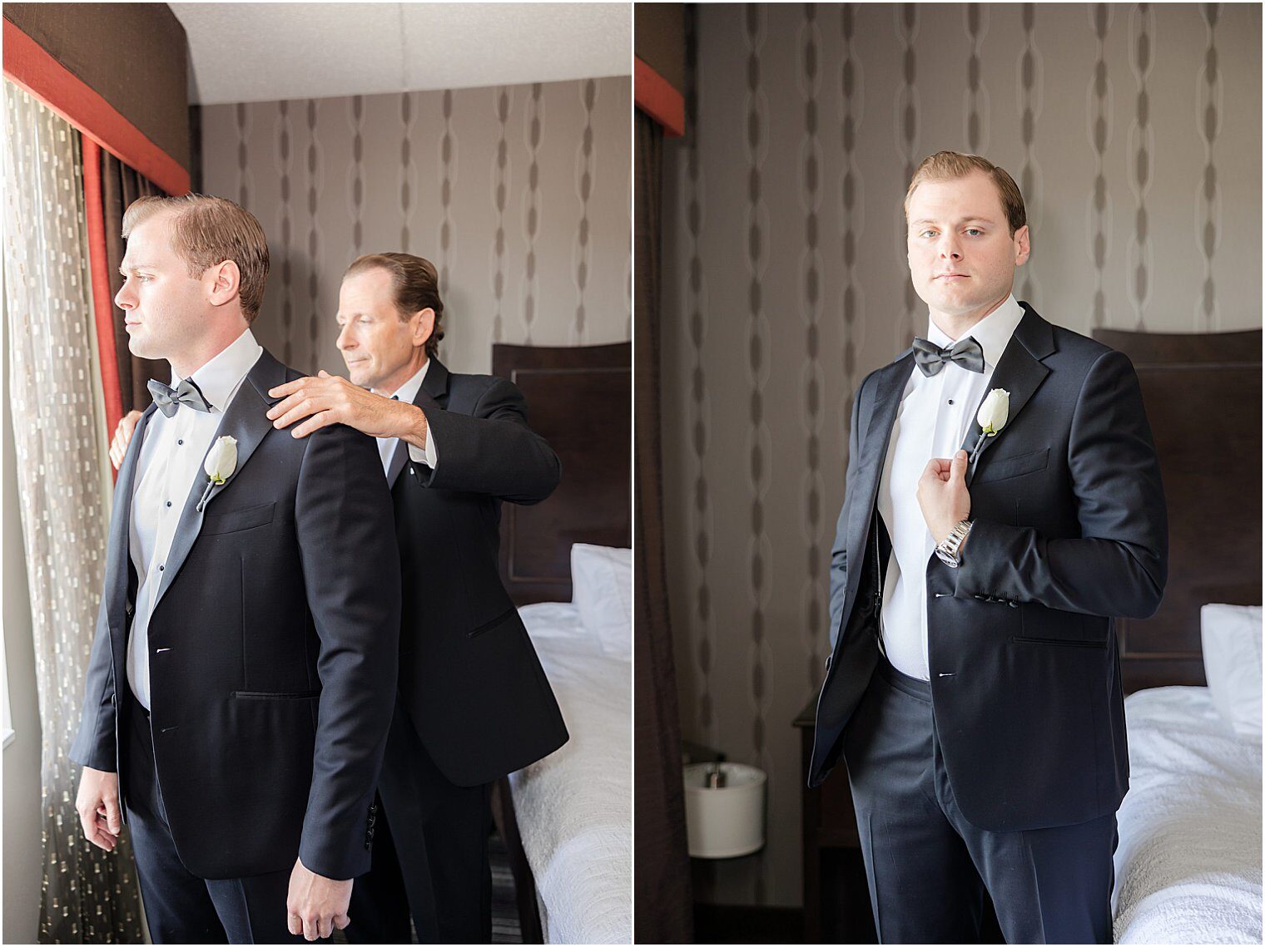 father of the groom helping his son to get ready