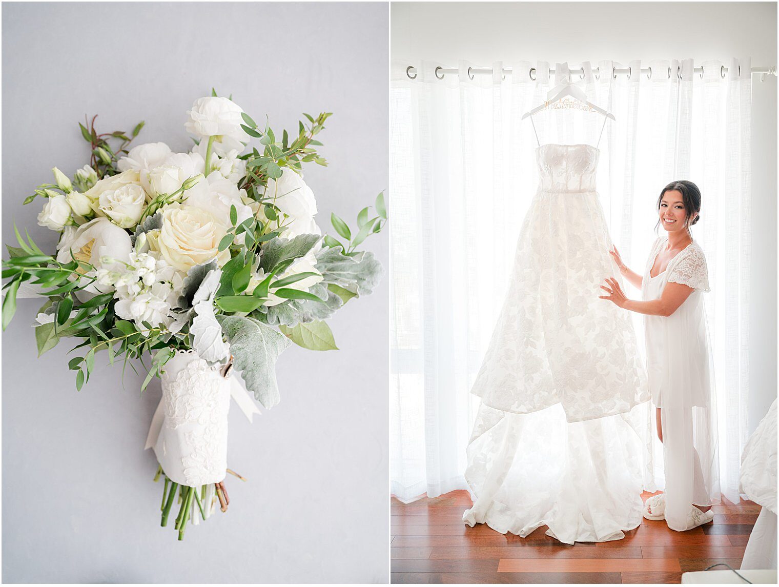 Details of the wedding dress and bouquet 