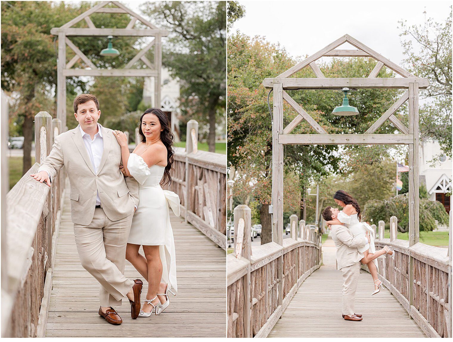 Fiancé holding up to his bride at spring lake