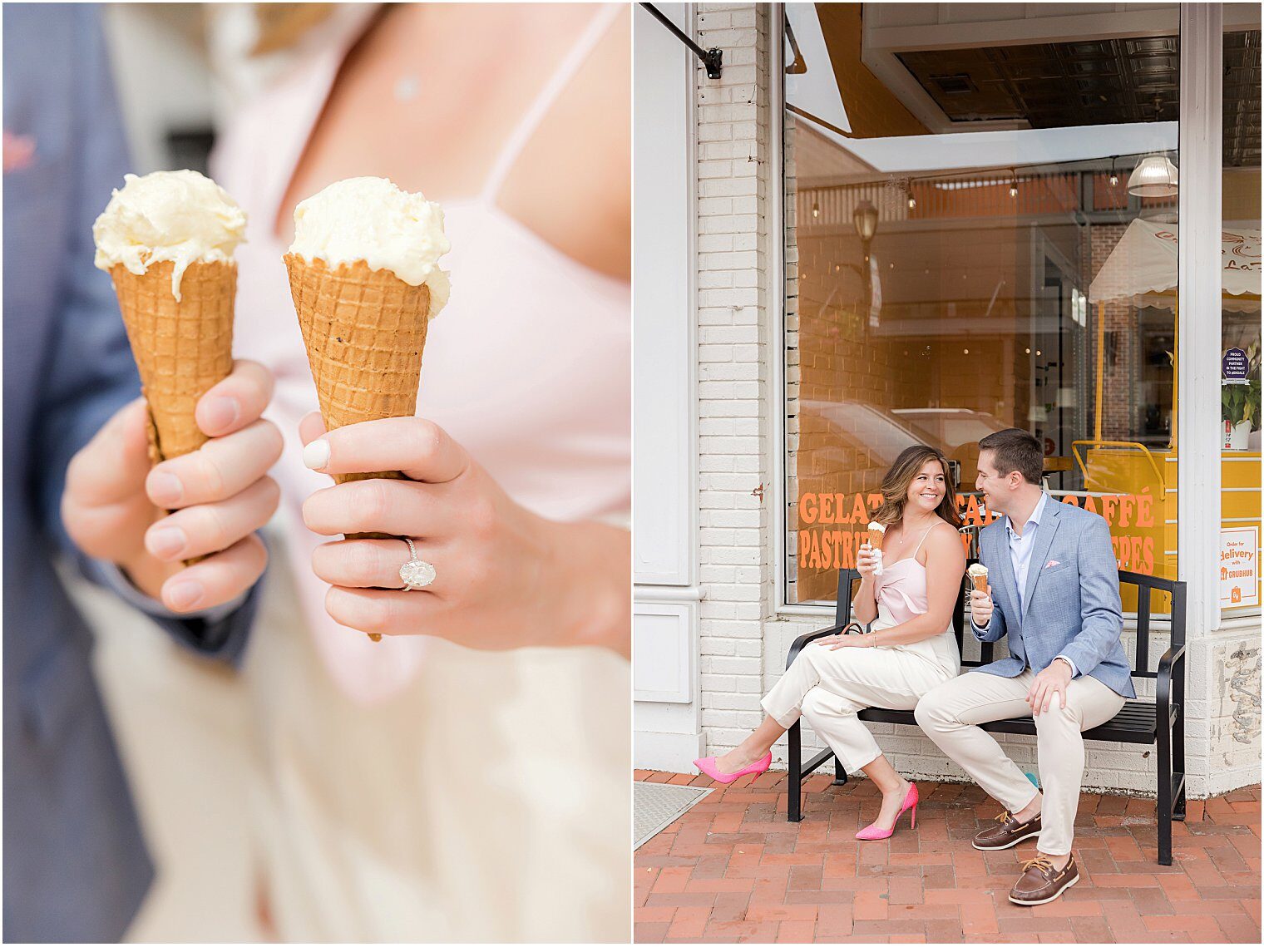 couple sharing an ice cream cone in their engagement session