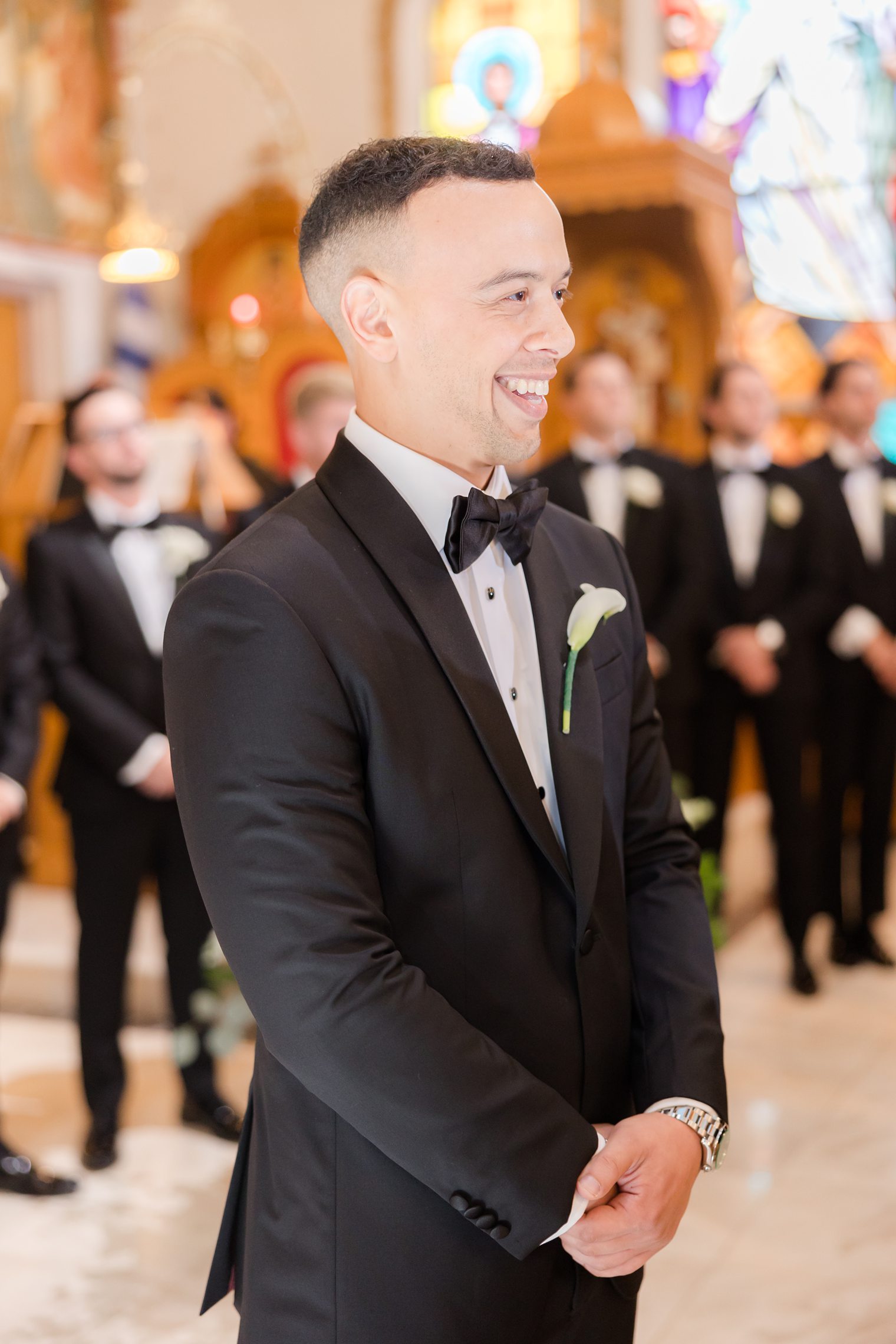 Future husband waiting for his bride at Shadowbrook in Shrewsbury