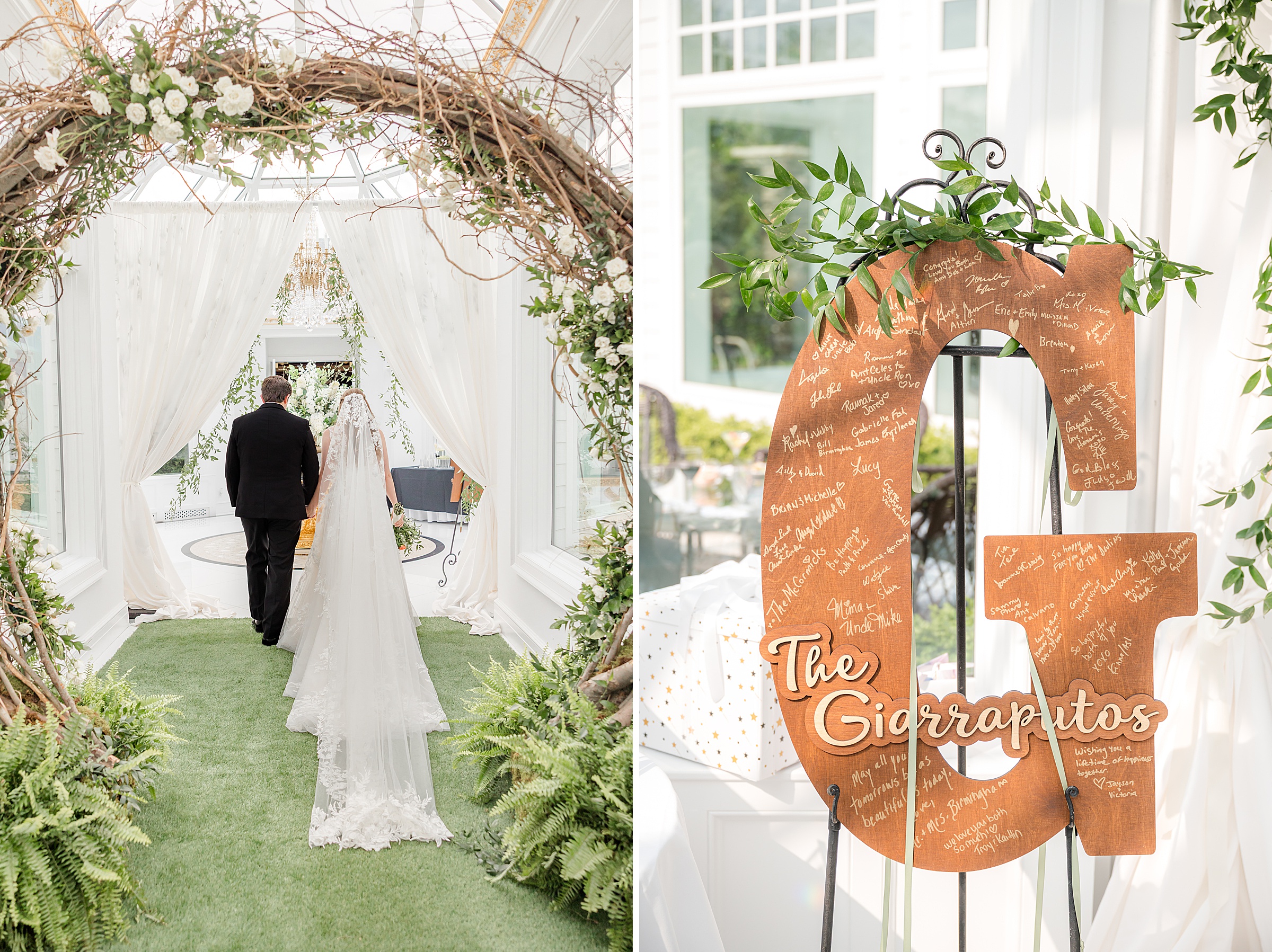 Bride and groom exiting ceremony, and wood board detail in the entrance