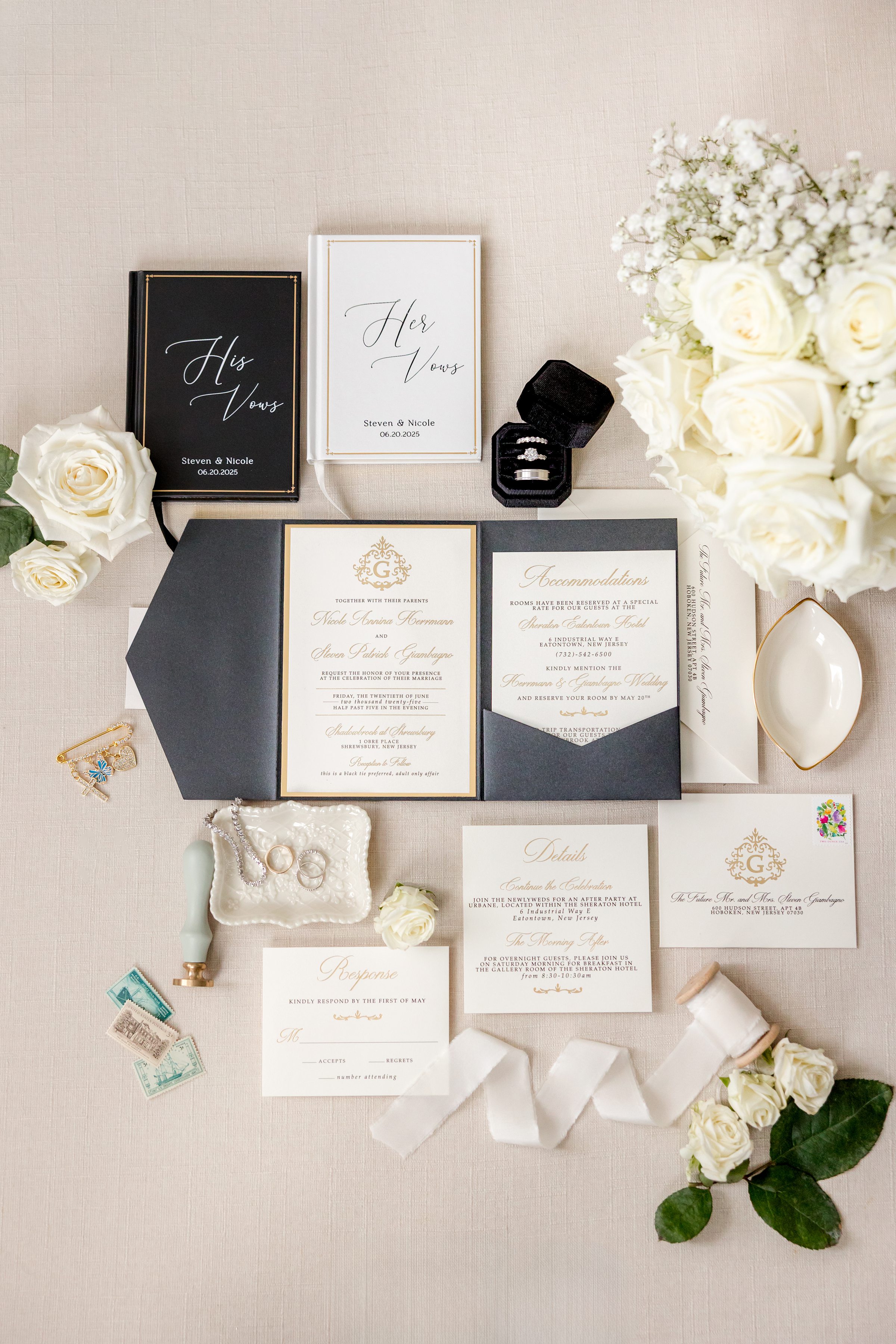 classic and elegant wedding invitation with gold trim