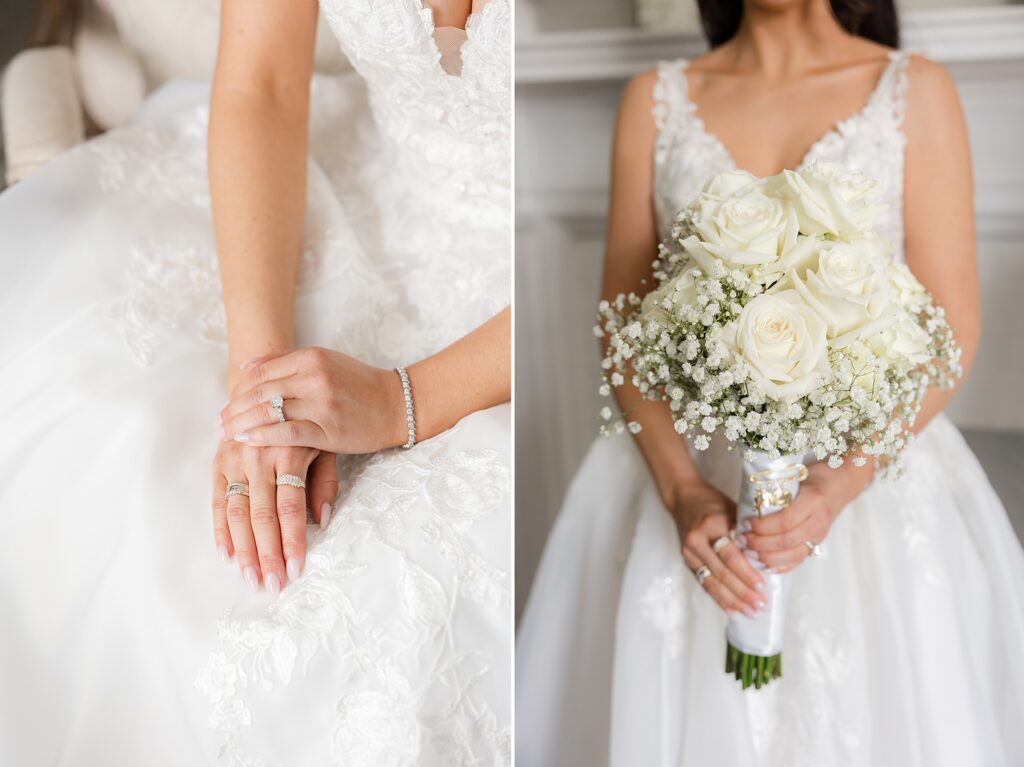 A close-up picture of bride's engagement ring and flower bouquet 
