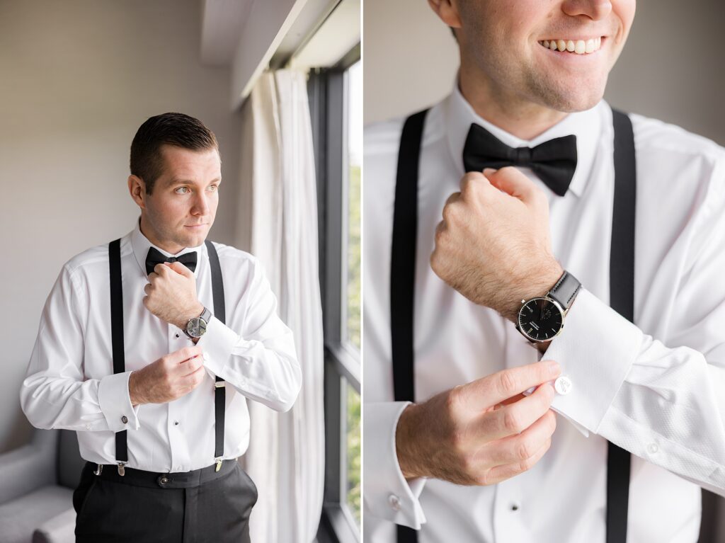 Detail shot of groom holding his cuffs, wearing white polo with black suspenders and bow tie