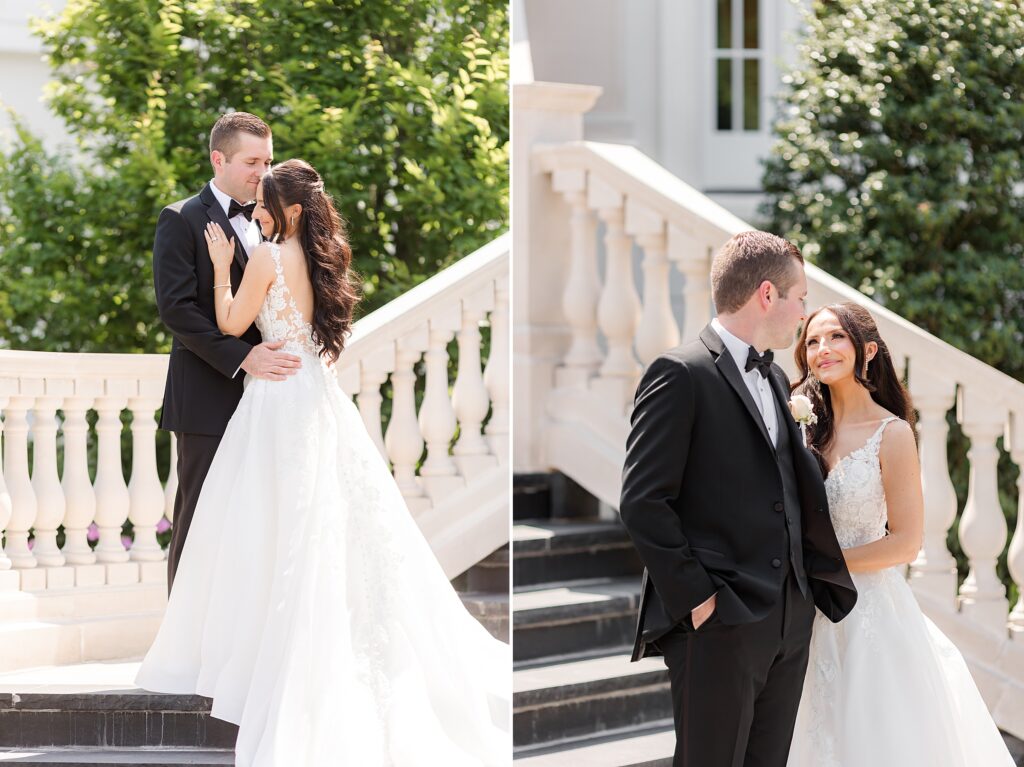 Groom is holding the bride's waist while the bride is touching his chest and looking at each other by the stairs
