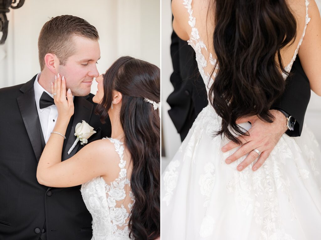 Shot of bride, about to kiss the groom and a detail shot of groom's hand holding the bride's back