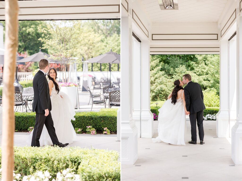 Candid shots of bride and groom, and kissing each other