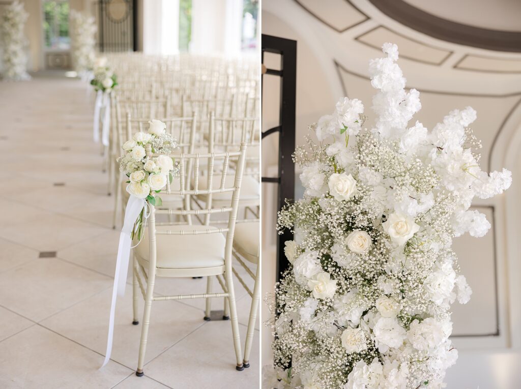 detail shots of decorated wedding chairs and white flowers