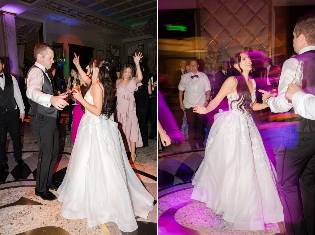 The couple are having fun dancing with each other 